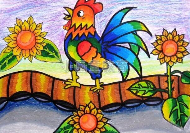 儿童美术色彩画《公鸡鸣叫》
